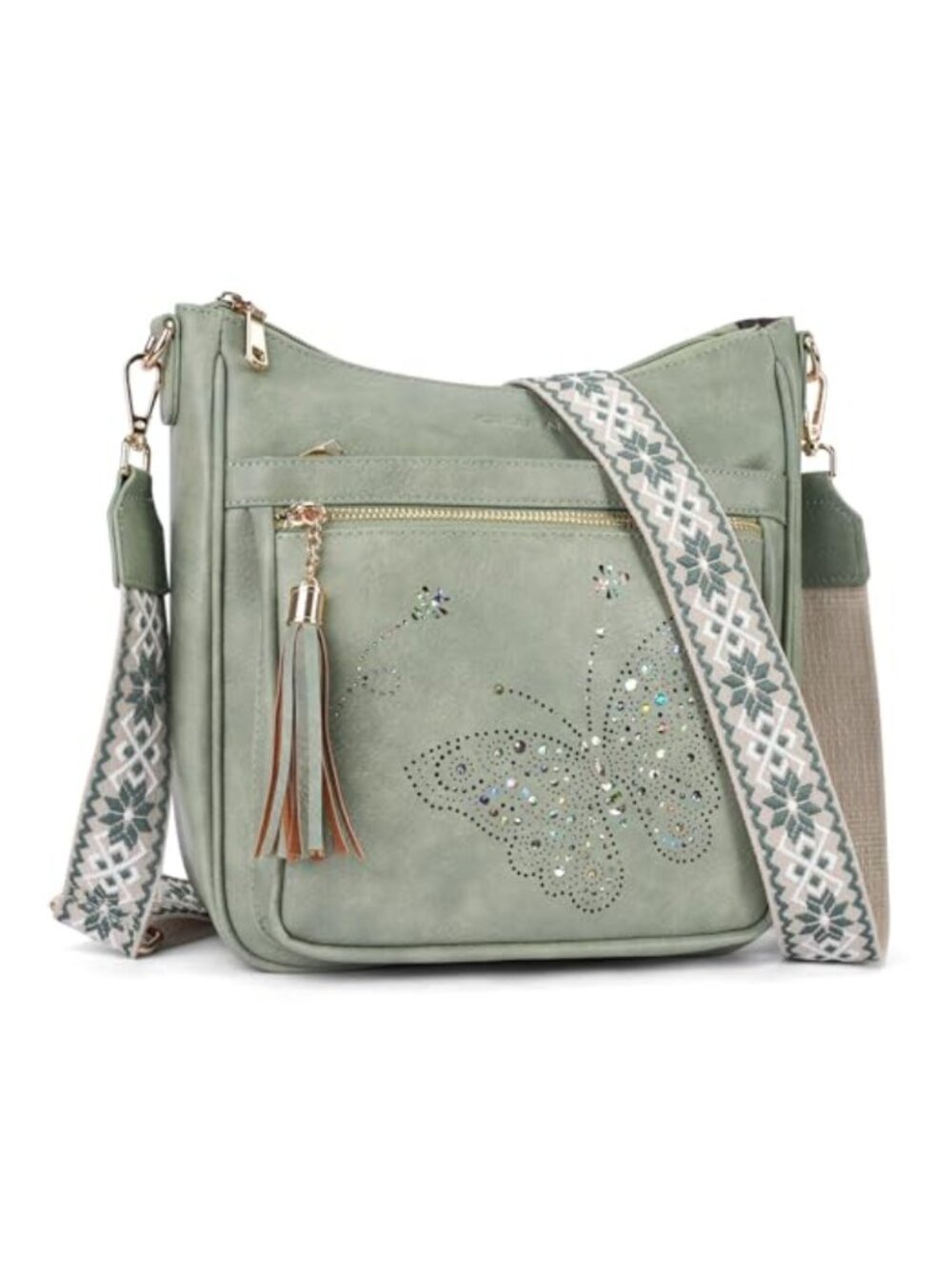 Women's Vegan PU Leather Butterfly Crossbody Bag with Tassel, Adjustable Strap